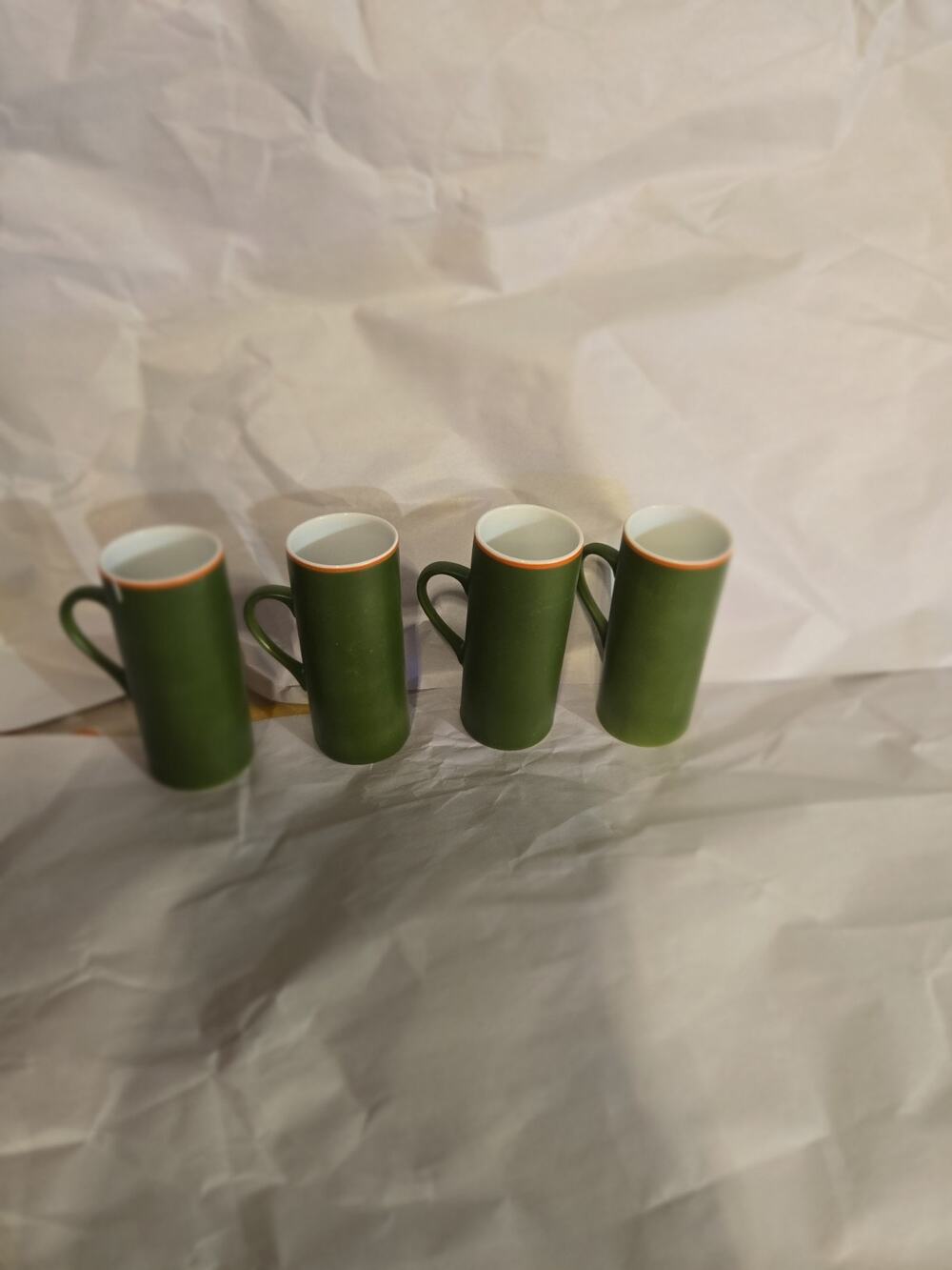 Schmid Porcelain Bavaria Green Mugs Lot of 4 Orange Rim Mid Century One Chipped